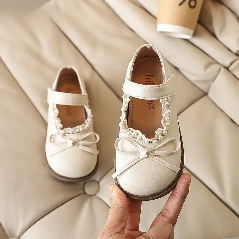 Spring Autumn Girls Leather Shoes New Sweet Princess Kids Causal Flat Shoes Fashion Bowknot Children Lace Party Wedding Shoes