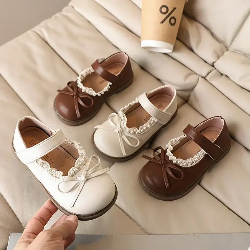 Spring Autumn Girls Leather Shoes New Sweet Princess Kids Causal Flat Shoes Fashion Bowknot Children Lace Party Wedding Shoes
