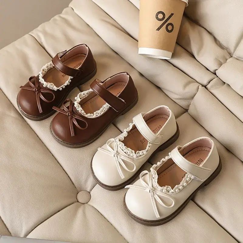Spring Autumn Girls Leather Shoes New Sweet Princess Kids Causal Flat Shoes Fashion Bowknot Children Lace Party Wedding Shoes