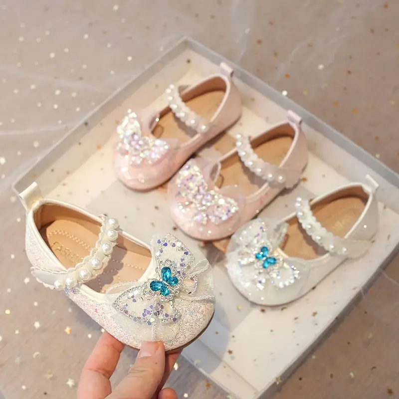 Girls Elegant Princess Shoes Sequins Lace Butterfly Beautiful Glitter Rhinestone Crystal Kids Flats Chic Shoes for Wedding Party