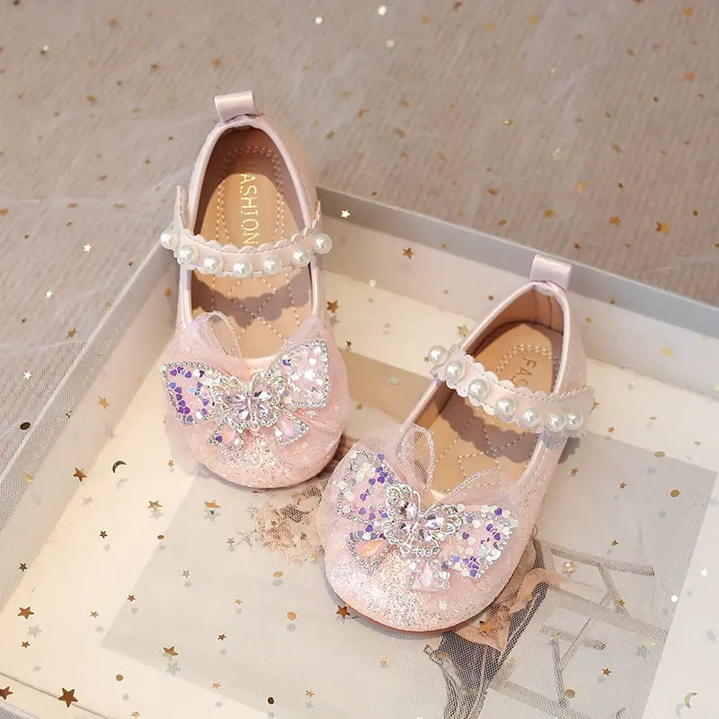 Girls Elegant Princess Shoes Sequins Lace Butterfly Beautiful Glitter Rhinestone Crystal Kids Flats Chic Shoes for Wedding Party