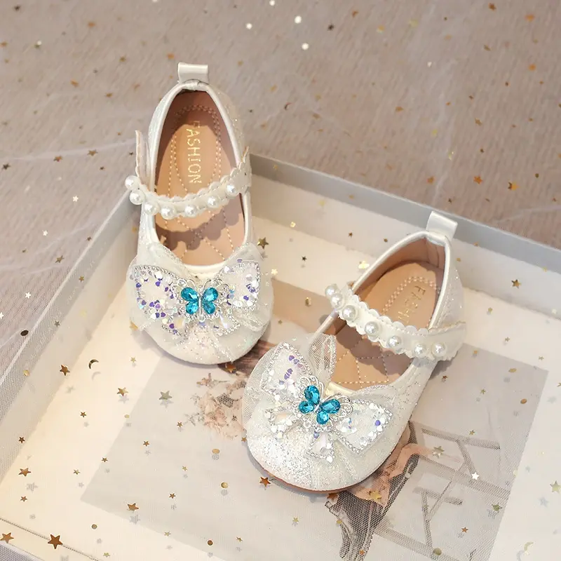 Girls Elegant Princess Shoes Sequins Lace Butterfly Beautiful Glitter Rhinestone Crystal Kids Flats Chic Shoes for Wedding Party