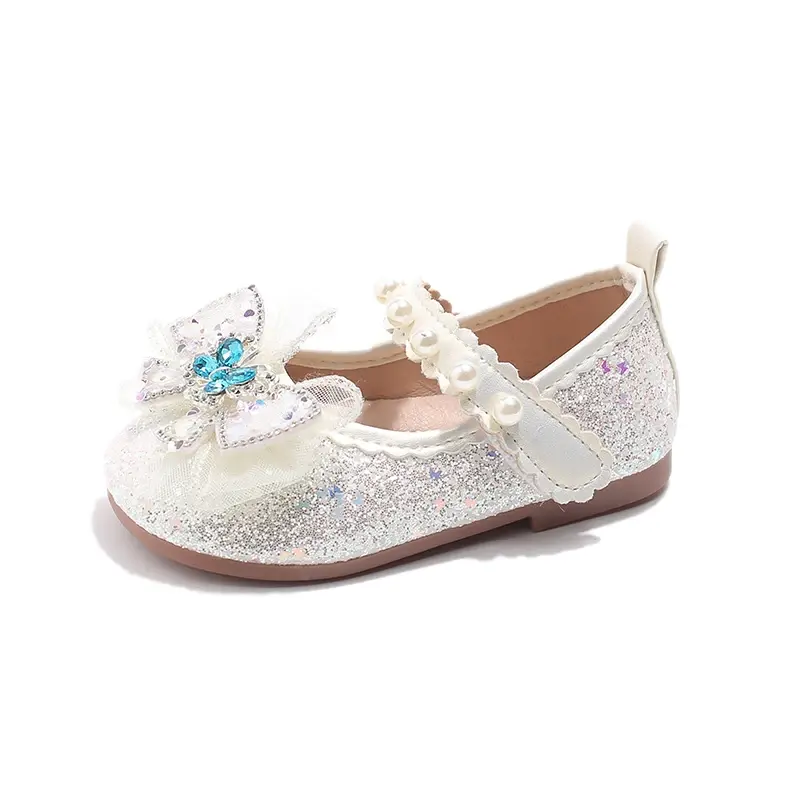 Girls Elegant Princess Shoes Sequins Lace Butterfly Beautiful Glitter Rhinestone Crystal Kids Flats Chic Shoes for Wedding Party