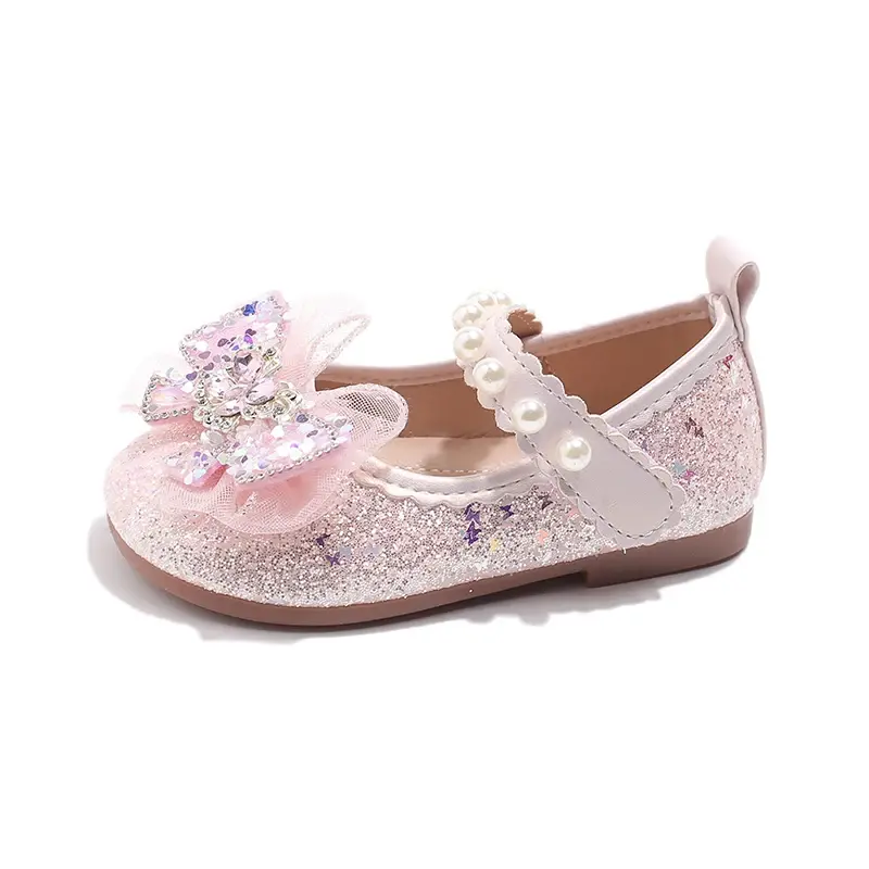 Girls Elegant Princess Shoes Sequins Lace Butterfly Beautiful Glitter Rhinestone Crystal Kids Flats Chic Shoes for Wedding Party