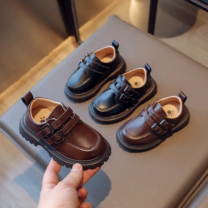 Boys Loafers Britain Style 2023 Children Brown Double Buckle Round-toe Kids Fashion Leather Shoes for Girls Uniform School Shoes