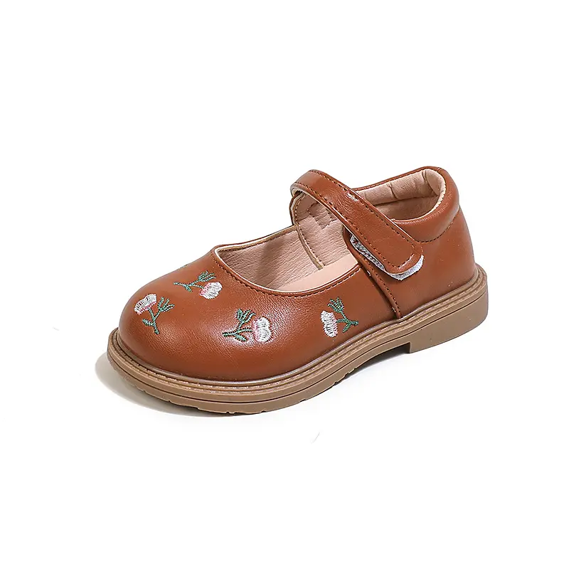 Girls Leather Shoes Embroidery Flowers Princess Sweet Kids National Style Flats Children's Flat Mary Janes Soft Dress Shoes Soft