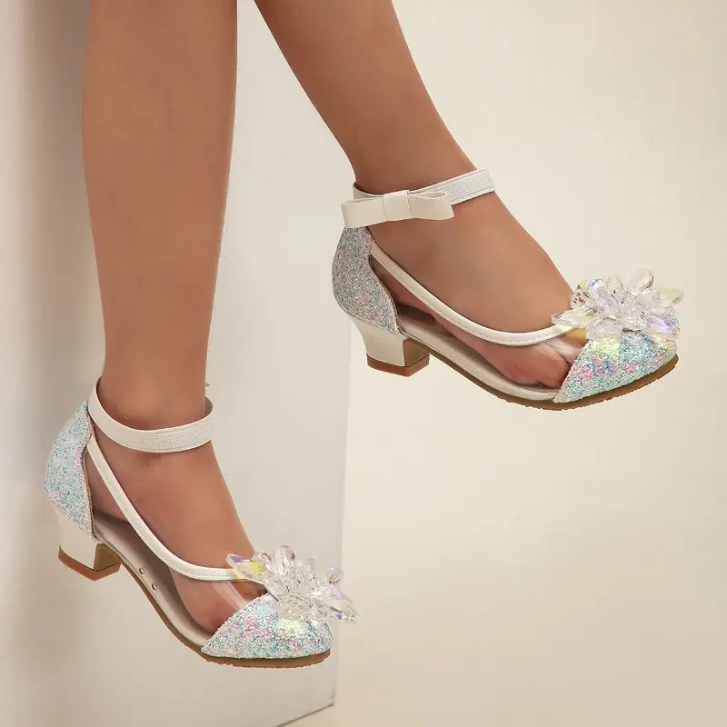 2025 New Girl's High Heel Shoes Ankle-strap Bowknot Children Princess Shoes Fashion Sequins Kids Leather Shoes for Wedding Party