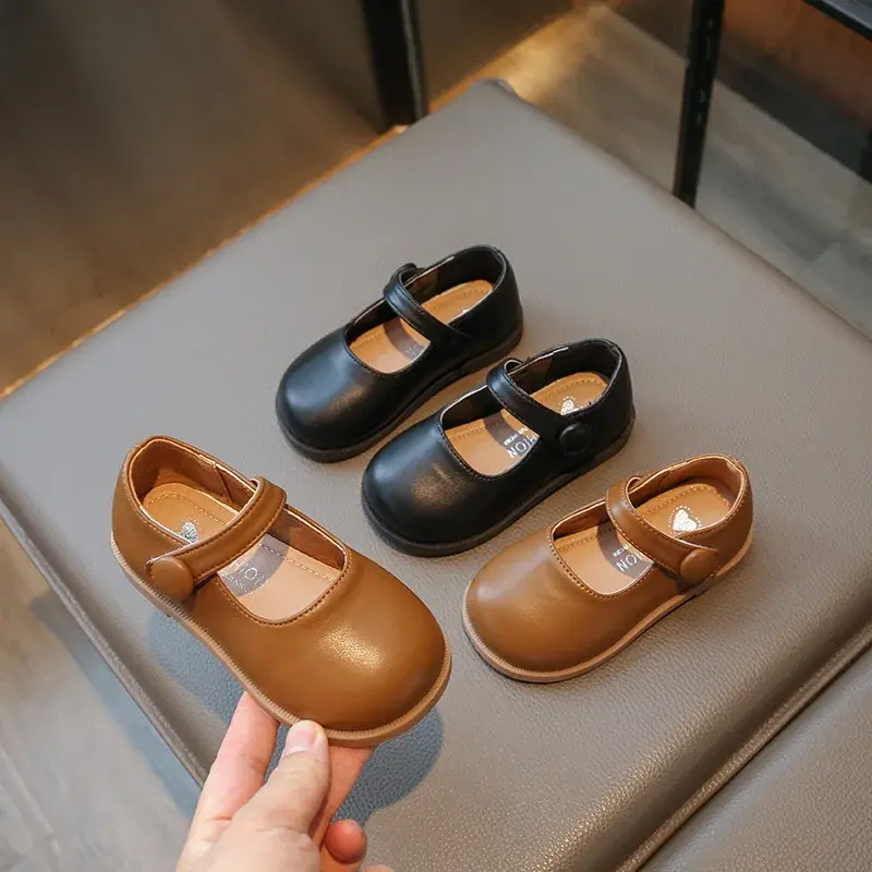 Spring Autumn Girl Leather Shoes Spring Autumn Fashion Round-toe Kids Mary Jane Shoes Flats Soft Children's Black School Shoes