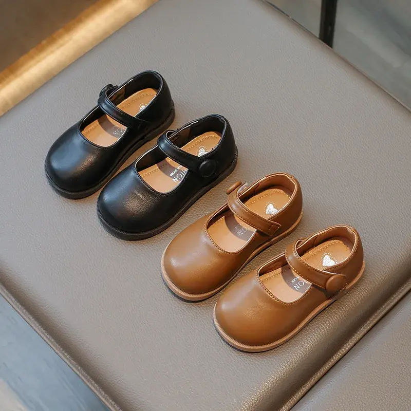 Spring Autumn Girl Leather Shoes Spring Autumn Fashion Round-toe Kids Mary Jane Shoes Flats Soft Children's Black School Shoes
