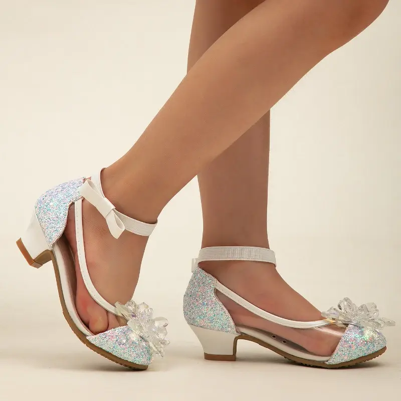 2025 New Girl's High Heel Shoes Ankle-strap Bowknot Children Princess Shoes Fashion Sequins Kids Leather Shoes for Wedding Party