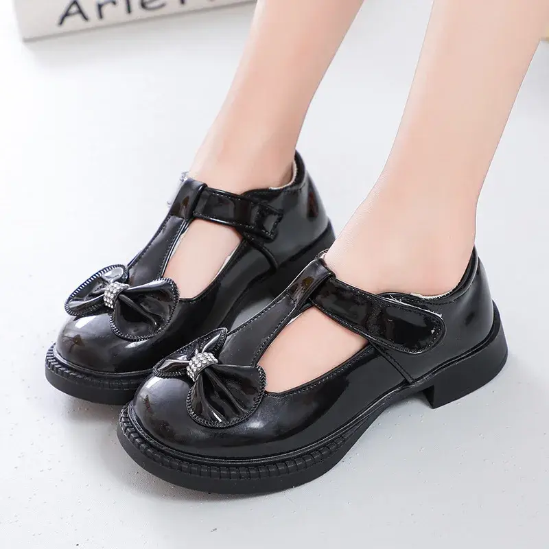 Girls Dress Shoes Soft PU Leather Shoes for Wedding Party T-strap with Bowtie Princess Sweet Cute British Style Kids Flats Shoes
