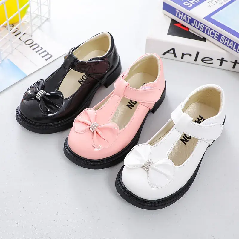 Girls Dress Shoes Soft PU Leather Shoes for Wedding Party T-strap with Bowtie Princess Sweet Cute British Style Kids Flats Shoes