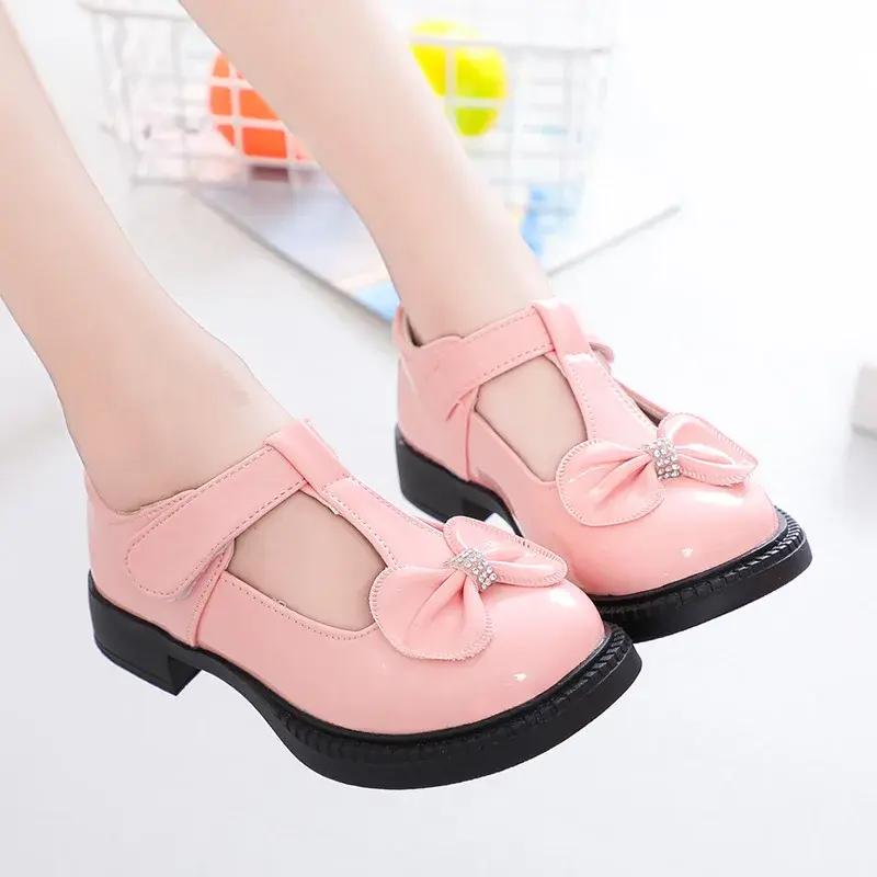 Girls Dress Shoes Soft PU Leather Shoes for Wedding Party T-strap with Bowtie Princess Sweet Cute British Style Kids Flats Shoes
