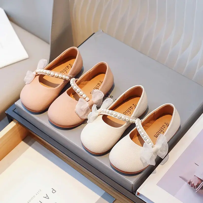New Girl Princess Leather Shoes Chic Versatile Soft Elegant Fashion Lace Bowknot Beading Kid Loafers Wedding Slip-on Mary Janes