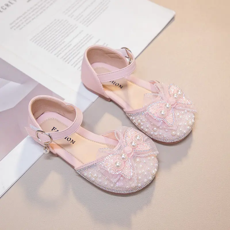 Sweet Girl Summer Sandals New Wedding Party Versatile Children Princess Shoes Elegant Fashion Bowknot Kids Causal Flat Sandals