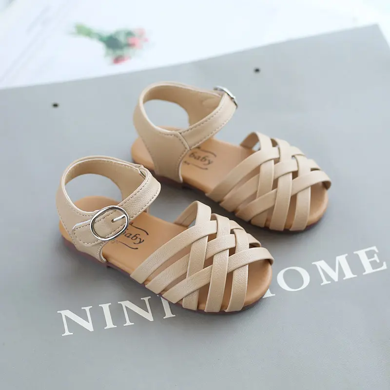 Girls Summer Sandals Baby Girl Toddler Kids Shoes Sweet Princess Soft Children's Beach Rome Sandals Woven Cut-outs Toe-capped