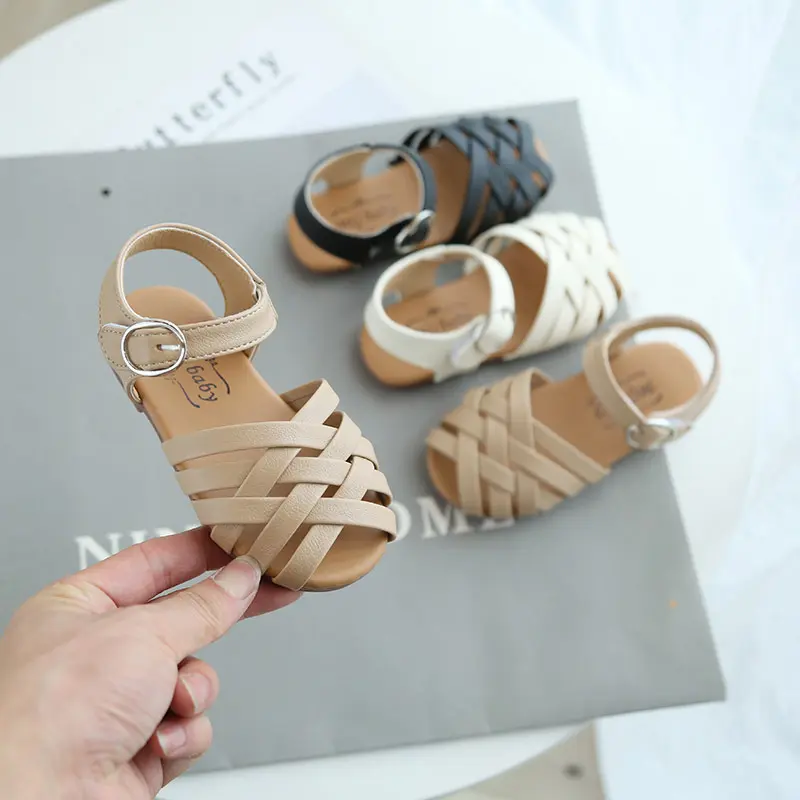 Girls Summer Sandals Baby Girl Toddler Kids Shoes Sweet Princess Soft Children's Beach Rome Sandals Woven Cut-outs Toe-capped