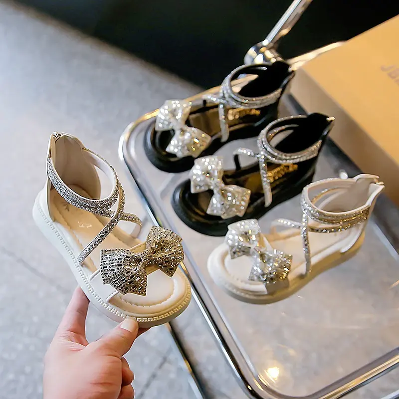 Girls' Shiny Cool Rhinestone Bowknot Children's Sandals 2023 Summer Open-toe Versatile Kids Fashion Back Zipper Casual Shoes New