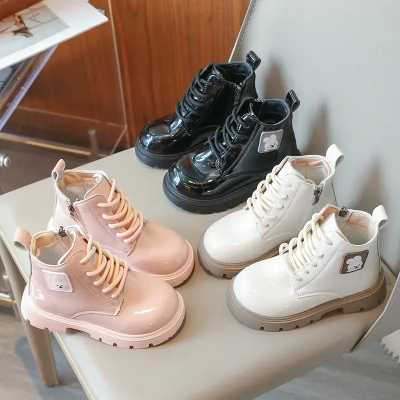 Kids Leather Boots Patent Leather Glossy Short Boots with Cute Rabbit 2024 Autumn New Toddler Girls Fashion Versatile Ankle Boot