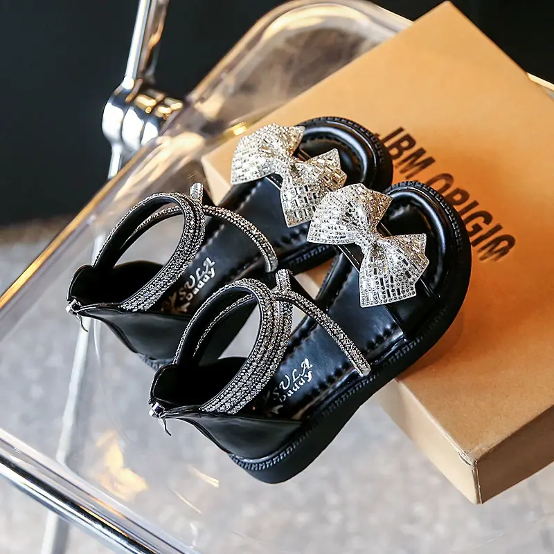 Girls' Shiny Cool Rhinestone Bowknot Children's Sandals 2023 Summer Open-toe Versatile Kids Fashion Back Zipper Casual Shoes New