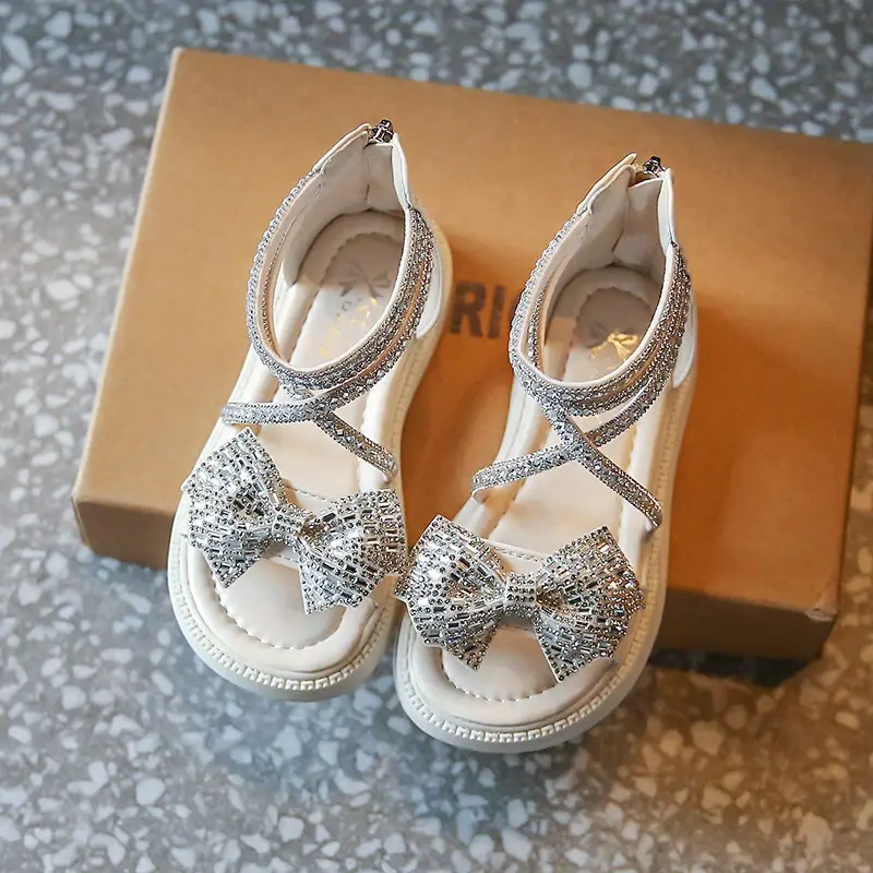 Girls' Shiny Cool Rhinestone Bowknot Children's Sandals 2023 Summer Open-toe Versatile Kids Fashion Back Zipper Casual Shoes New