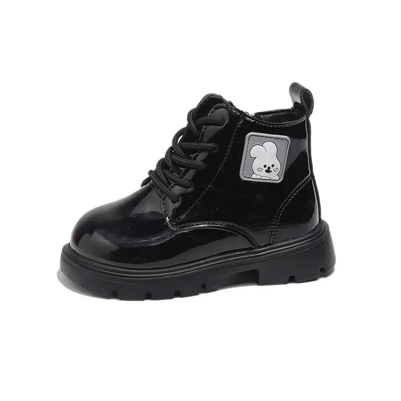 Kids Leather Boots Patent Leather Glossy Short Boots with Cute Rabbit 2024 Autumn New Toddler Girls Fashion Versatile Ankle Boot