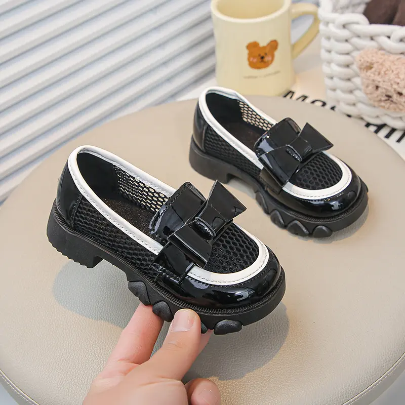 Kids Leather Shoe Mesh Breathable Girl Dresses Casual Shoes Black Performance Versatile Bowtie Children Fashion Princess Loafers