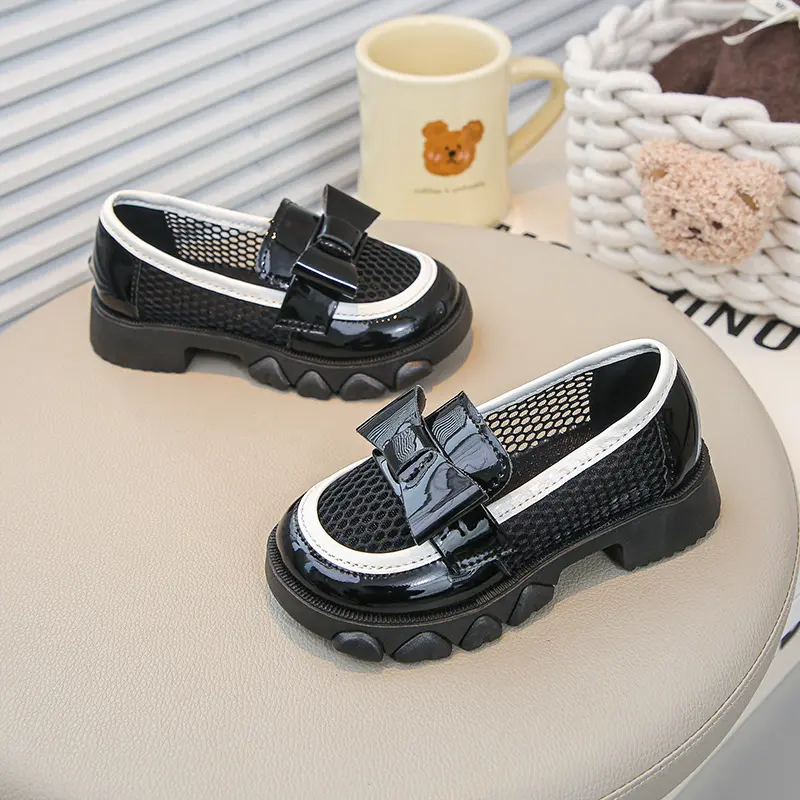 Kids Leather Shoe Mesh Breathable Girl Dresses Casual Shoes Black Performance Versatile Bowtie Children Fashion Princess Loafers