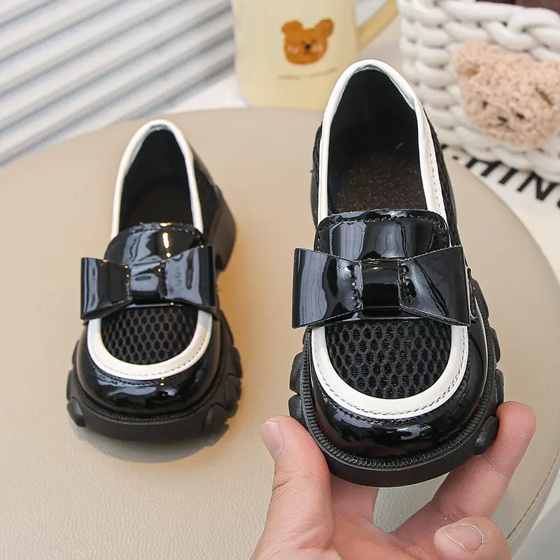 Kids Leather Shoe Mesh Breathable Girl Dresses Casual Shoes Black Performance Versatile Bowtie Children Fashion Princess Loafers
