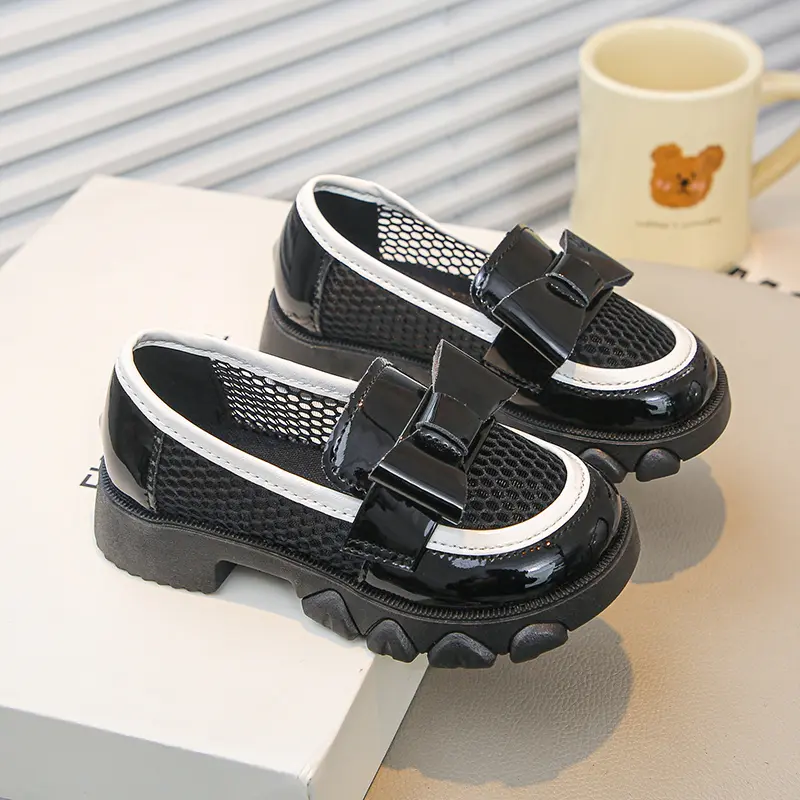 Kids Leather Shoe Mesh Breathable Girl Dresses Casual Shoes Black Performance Versatile Bowtie Children Fashion Princess Loafers