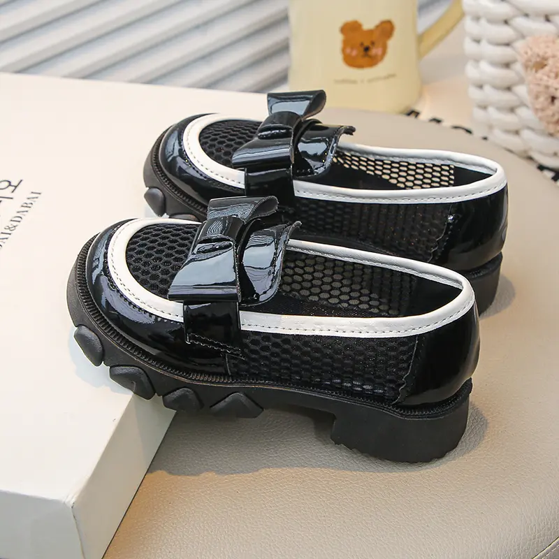 Kids Leather Shoe Mesh Breathable Girl Dresses Casual Shoes Black Performance Versatile Bowtie Children Fashion Princess Loafers