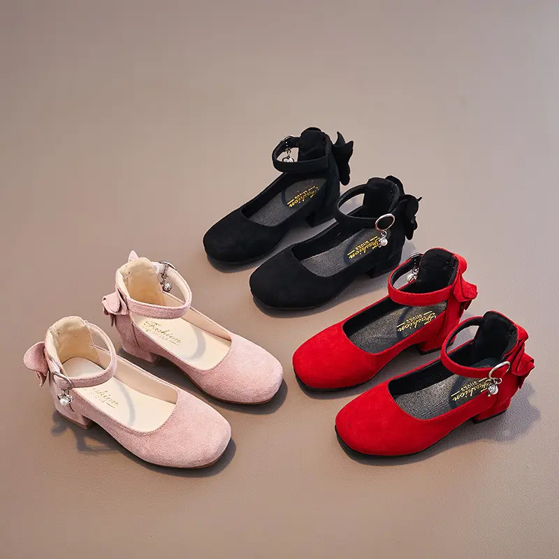 Little Girls Leather Shoes High Heel Baby Girls Party Shoes Bowknot Kid High Heel Shoes for 2023 Spring Princess Pink Shoes PU
