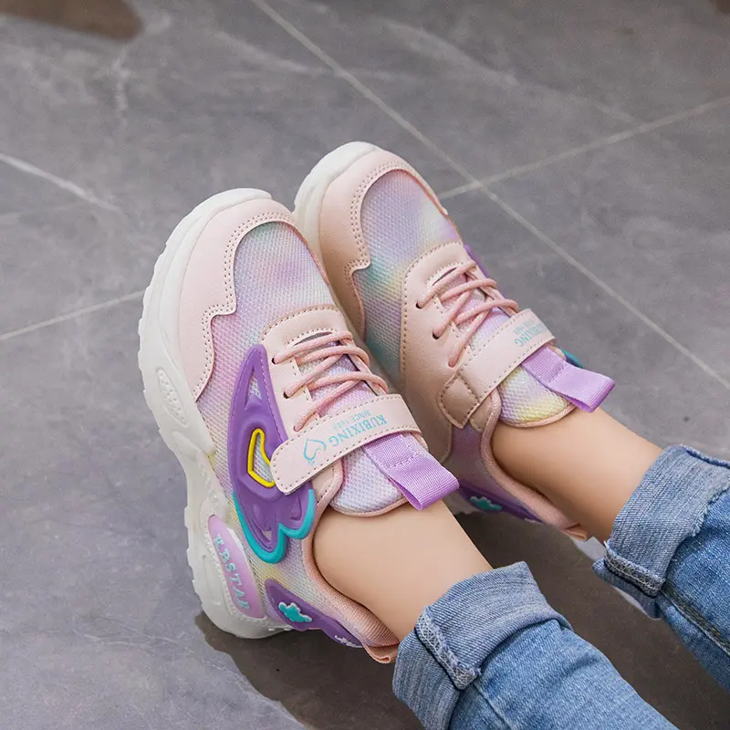 Girls Sports Shoes Kids Running Shoes Pink Breathable Air Mesh Heart Sweet Sneakers Cute Hook & Loop Children's Casual  Shoes