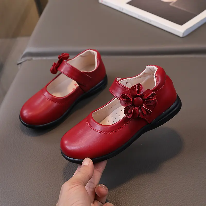 Girls Leather Shoes Medium Big Kids Black Party Shoes Children School Flats with Floral Flowers Princess Sweet Performance Shoes