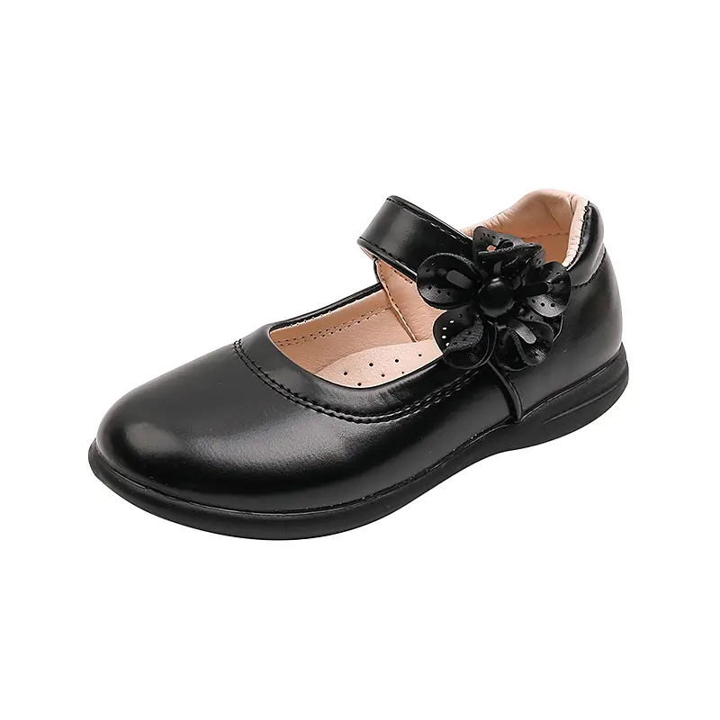 Girls Leather Shoes Medium Big Kids Black Party Shoes Children School Flats with Floral Flowers Princess Sweet Performance Shoes