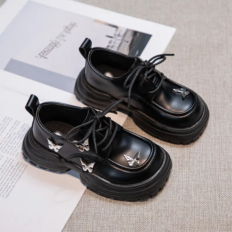 Children Black Leather Shoes for Party Wedding Thick Soled Kids Princess Shoes with Butterfly-knot Girls Performance Shoes