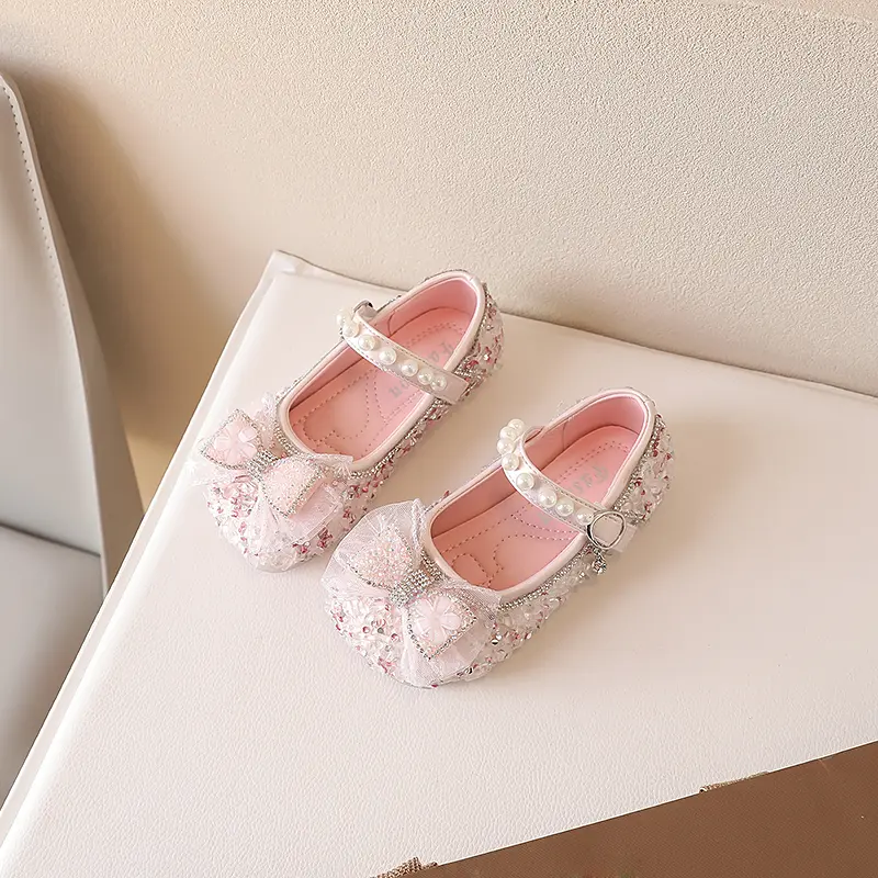 Girls Mary Janes for Party Wedding Shows Bow Sequined Rhinestones Shallow Children Fashion Versatile Soft Kids Casual Shoes 2024