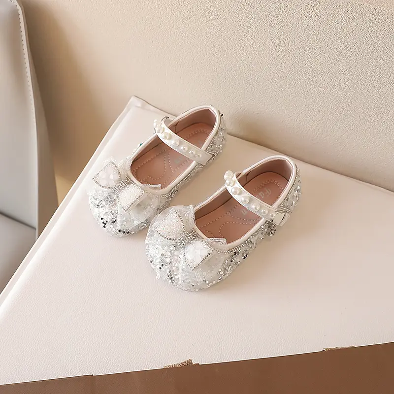 Girls Mary Janes for Party Wedding Shows Bow Sequined Rhinestones Shallow Children Fashion Versatile Soft Kids Casual Shoes 2024