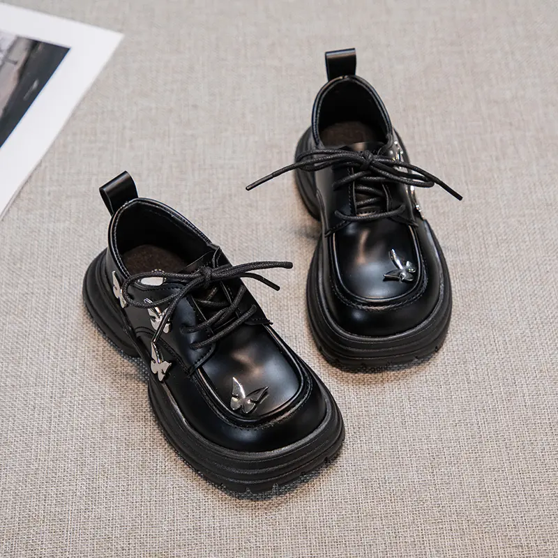Children Black Leather Shoes for Party Wedding Thick Soled Kids Princess Shoes with Butterfly-knot Girls Performance Shoes