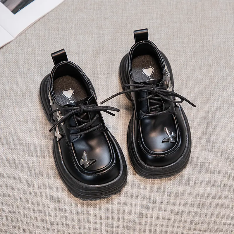 Children Black Leather Shoes for Party Wedding Thick Soled Kids Princess Shoes with Butterfly-knot Girls Performance Shoes