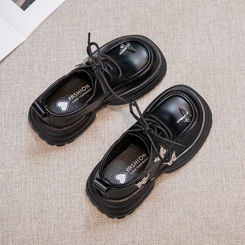 Children Black Leather Shoes for Party Wedding Thick Soled Kids Princess Shoes with Butterfly-knot Girls Performance Shoes