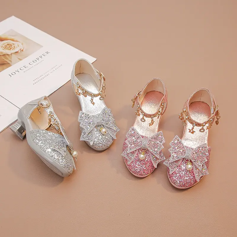Girls Crystal High Heeled Leather Shoes for Wedding Party Glitter Rhinestone with Bow-knot Kids Dress High Heels Pendant Bling