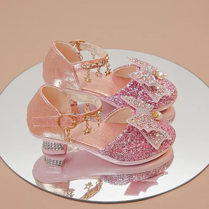 Girls Crystal High Heeled Leather Shoes for Wedding Party Glitter Rhinestone with Bow-knot Kids Dress High Heels Pendant Bling