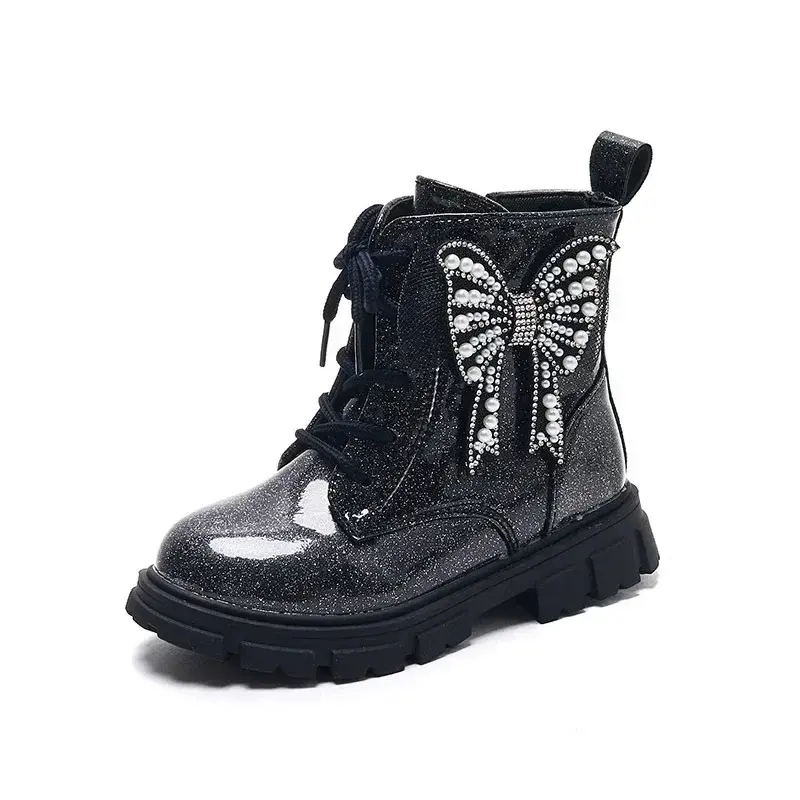 Girls Ankle Boots Black Shine PU Waterproof Butterfly Pearls Chic Unique Kids Fashion Princess 2024 Boots for Catwalk Children