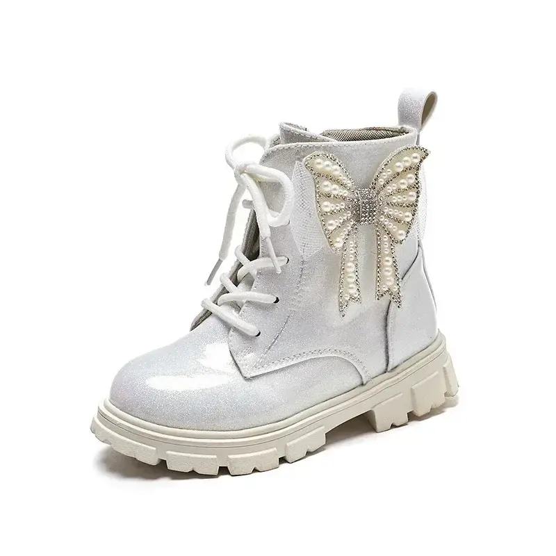 Girls Ankle Boots Black Shine PU Waterproof Butterfly Pearls Chic Unique Kids Fashion Princess 2024 Boots for Catwalk Children