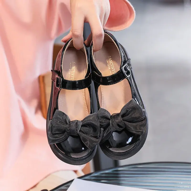 Gradual Bow Child Fashion Burgundy Leather Shoes 2025 Fashionable Korean Style Elegant Shallow Mary Jane Spring Casual Versatile