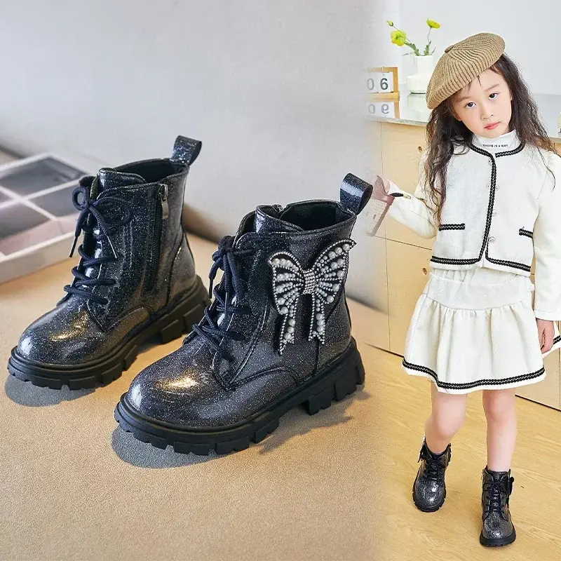 Girls Ankle Boots Black Shine PU Waterproof Butterfly Pearls Chic Unique Kids Fashion Princess 2024 Boots for Catwalk Children