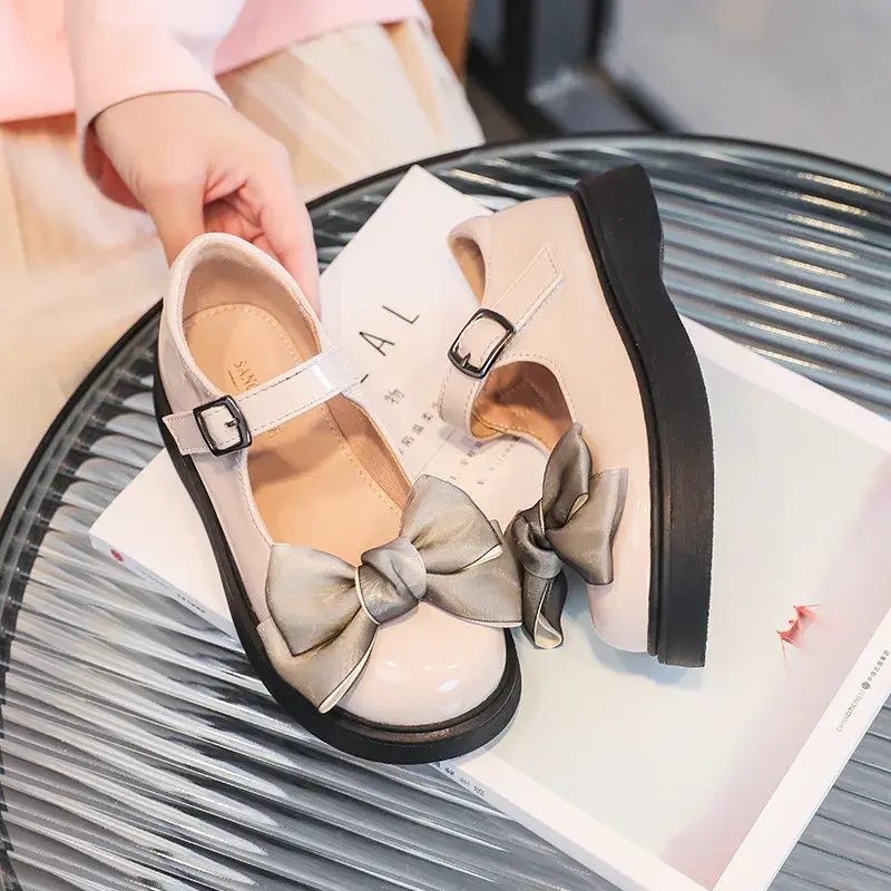 Gradual Bow Child Fashion Burgundy Leather Shoes 2025 Fashionable Korean Style Elegant Shallow Mary Jane Spring Casual Versatile