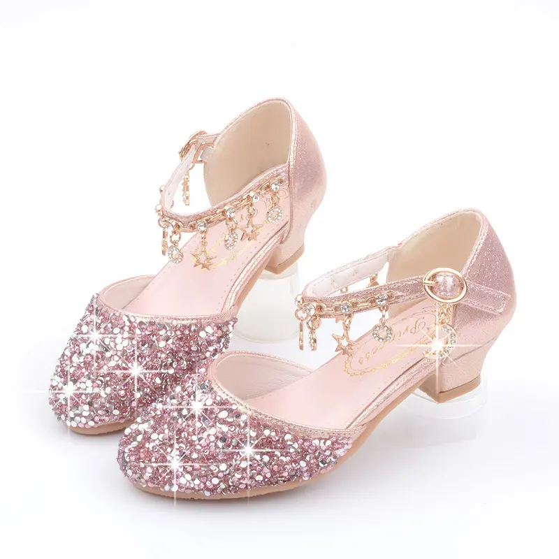 Girls Sequins Performance Shoes Kids Glitter Toes Capped Sandals Children's Princess High-heeled Shoes Spring Autumn 2024 New