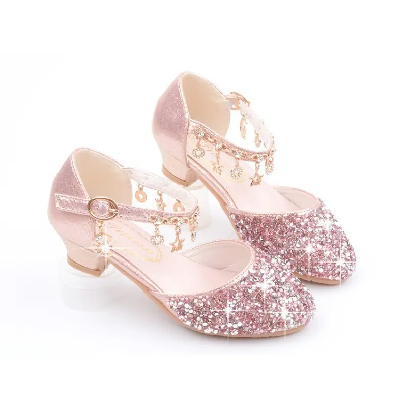 Girls Sequins Performance Shoes Kids Glitter Toes Capped Sandals Children's Princess High-heeled Shoes Spring Autumn 2024 New
